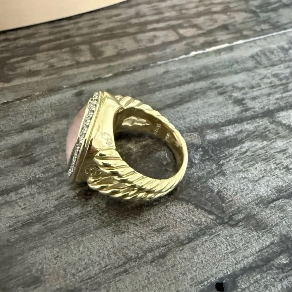 David Yurman Albion  18k Gold Ring Rose Quartz Center Diamond Halo - Size 8.25 - Picture 7 of 7